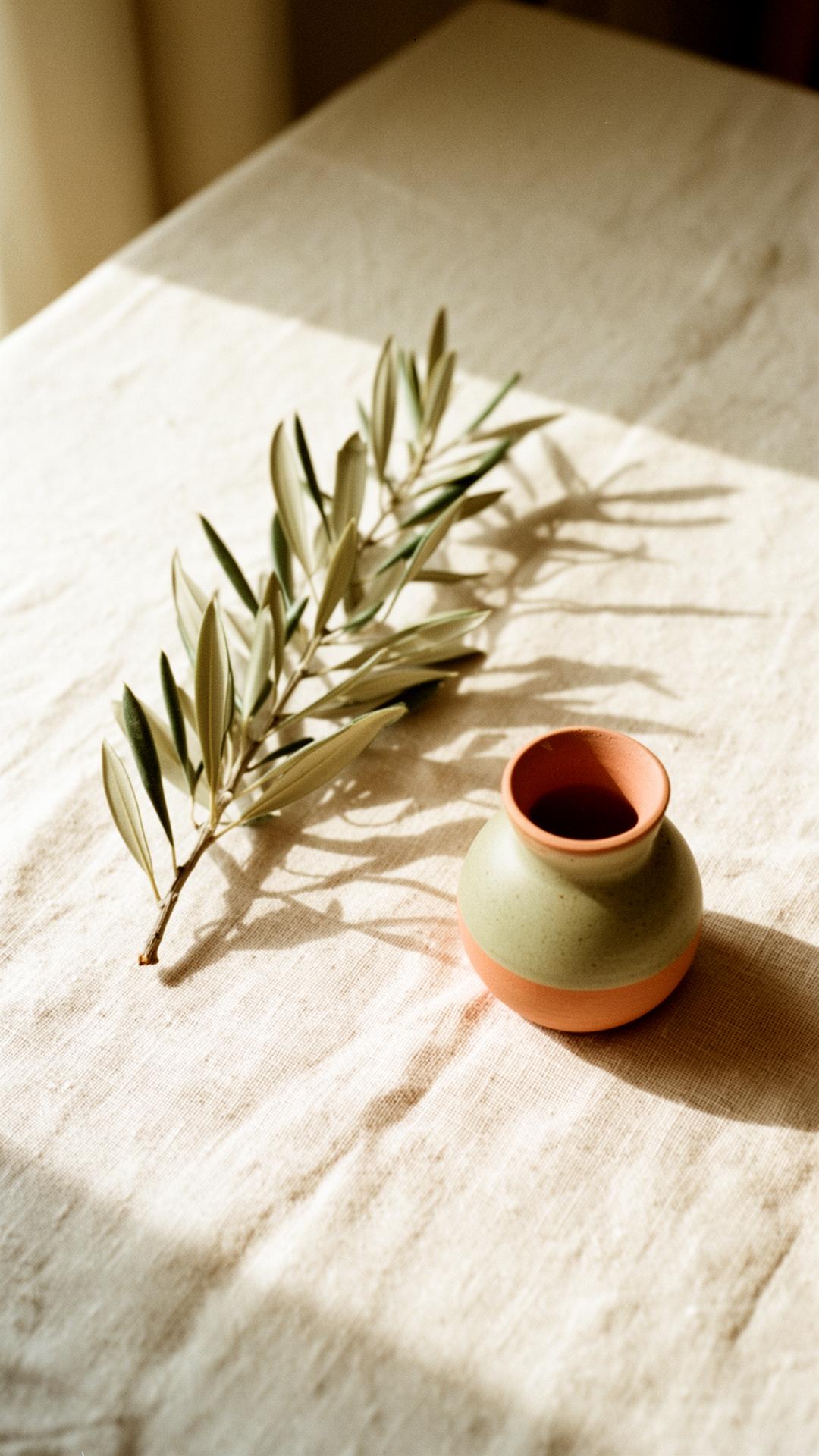 Galho de oliveira e pequeno vaso de cerâmica sobre linho cru, banhados por luz natural